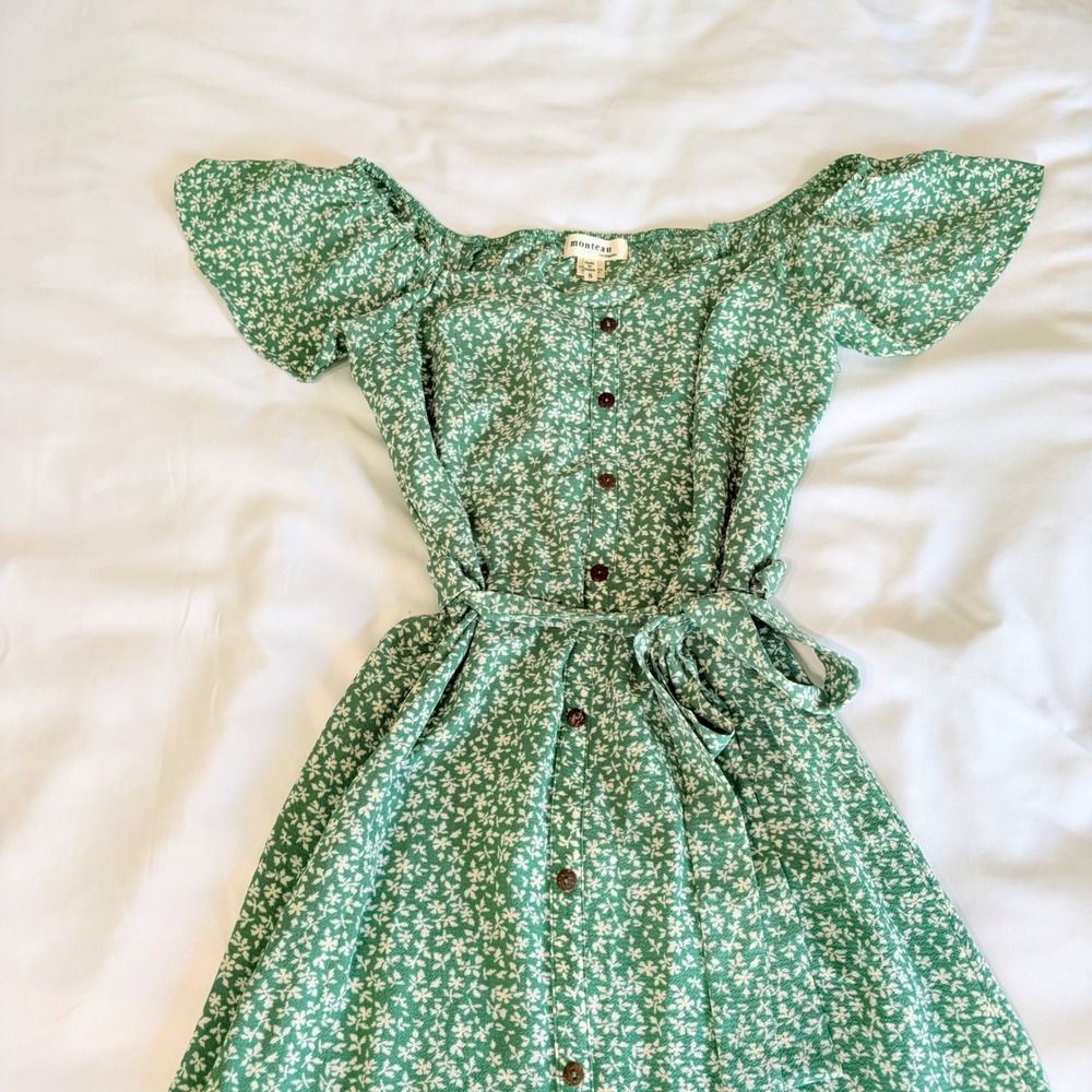 Monteau Los Angeles Green Floral Button Down Midi Dress Short Sleeve Small
